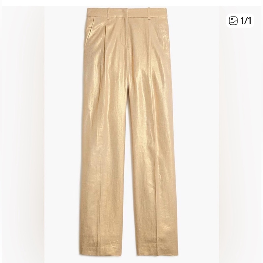 J Crew Factory Gold Shimmer Linen Blend Wide Leg Pleated Pants